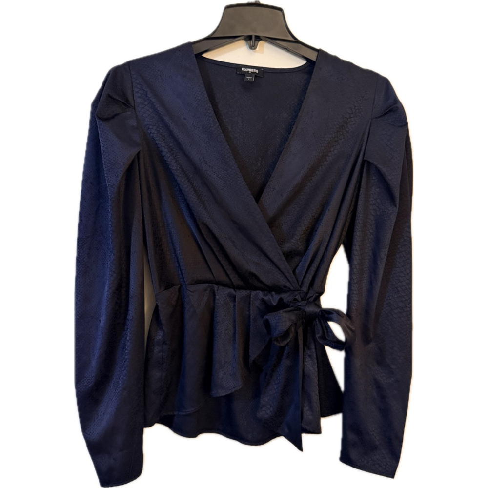 Express Satin Jacquard Wrap Blouse – Deep Navy (Almost Black) Size S